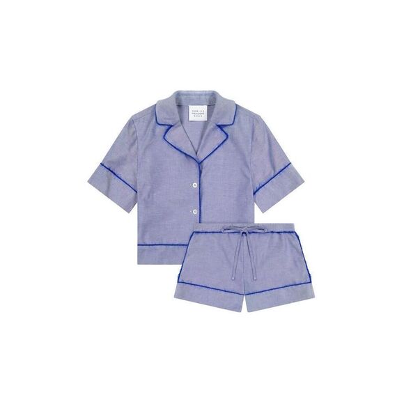 MARINA MOSCONE COTTON PAJAMA SET IN BLUE FEATHER TRIM SIZE M - Picture 1 of 11